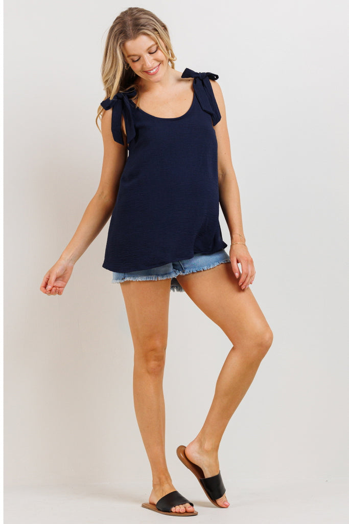 Navy Sleeveless Faux-Tie Scoop Neck Maternity Blouse