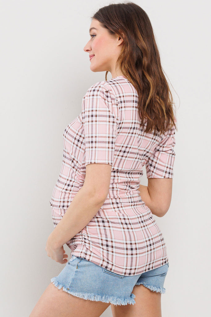 Blush Striped Round Neck Side Ruched Maternity Top Front Back