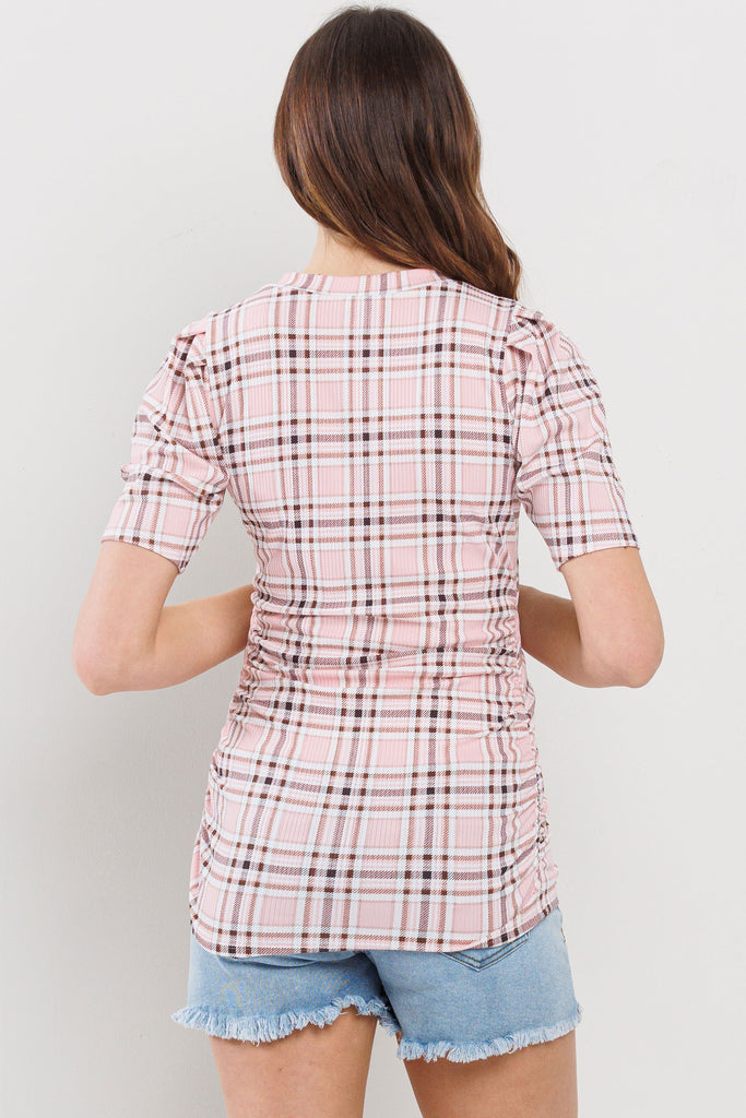 Blush Striped Round Neck Side Ruched Maternity Top Back