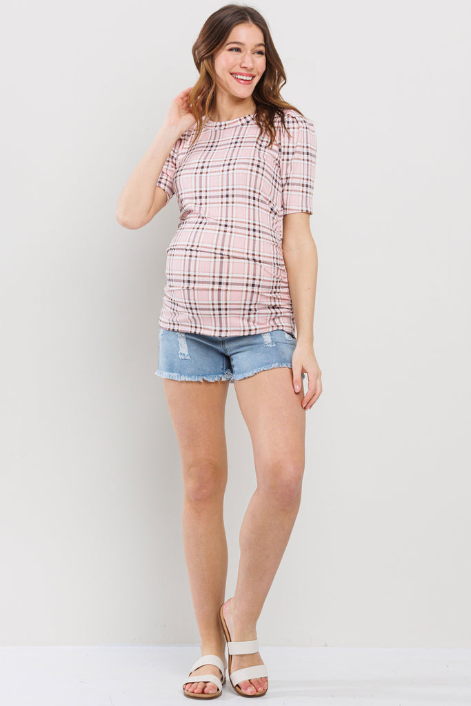 Blush Striped Round Neck Side Ruched Maternity Top Full Body