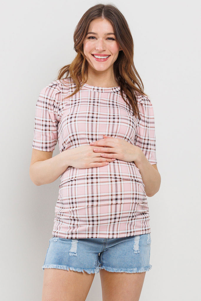 Blush Striped Round Neck Side Ruched Maternity Top Front