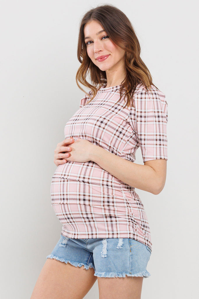 Blush Striped Round Neck Side Ruched Maternity Top Side