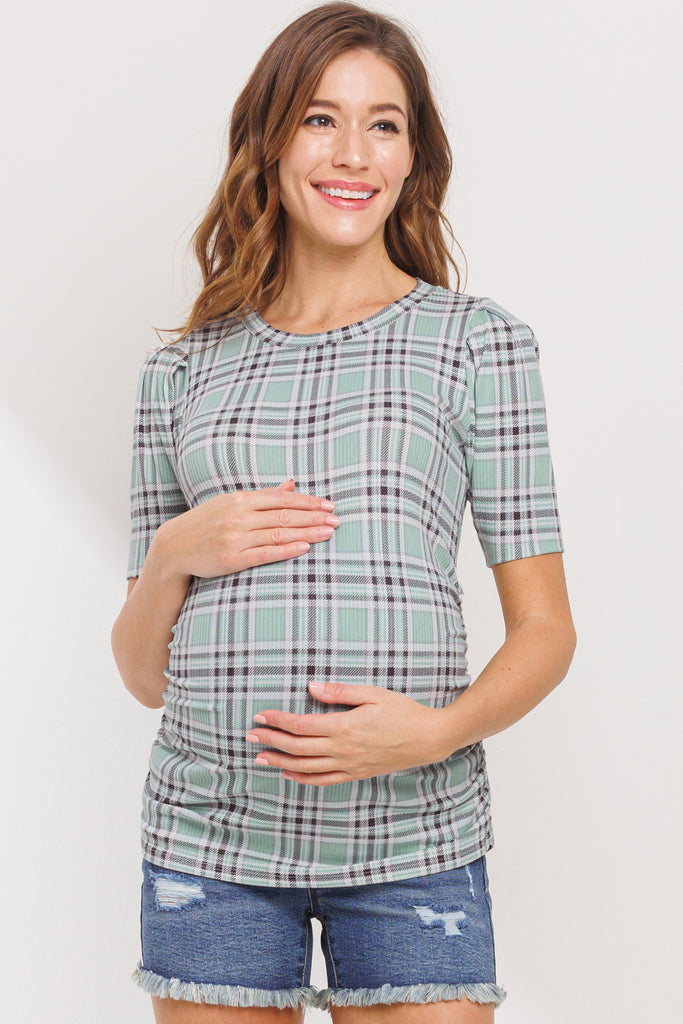 Sage Striped Round Neck Side Ruched Maternity Top Front