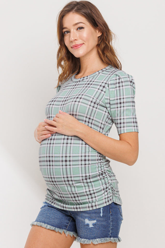 Sage Striped Round Neck Side Ruched Maternity Top Side