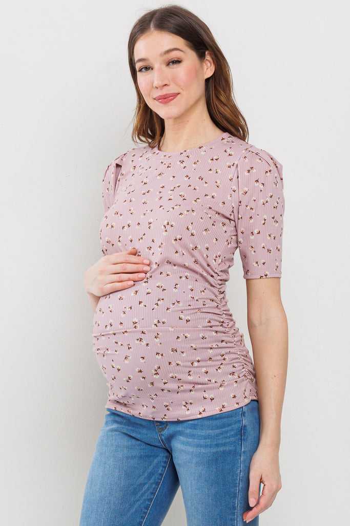 Mauve Floral Puff Sleeve Ribbed Maternity Ruching Top