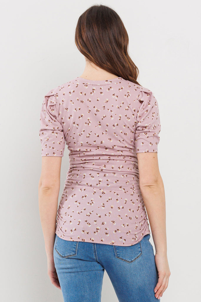 Mauve Floral Puff Sleeve Ribbed Maternity Ruching Top