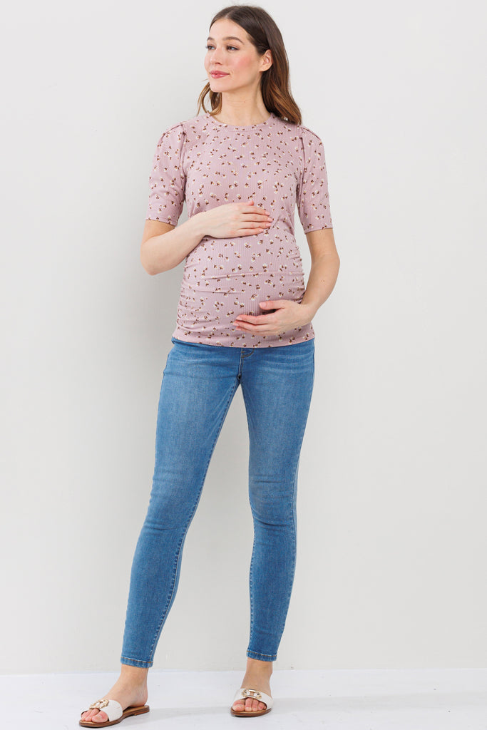 Mauve Floral Puff Sleeve Ribbed Maternity Ruching Top