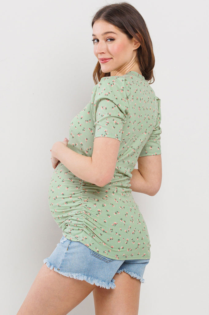 Sage Floral Puff Sleeve Ribbed Maternity Ruching Top