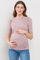 Mauve Floral Puff Sleeve Ribbed Maternity Ruching Top