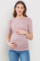 Mauve Floral Puff Sleeve Ribbed Maternity Ruching Top