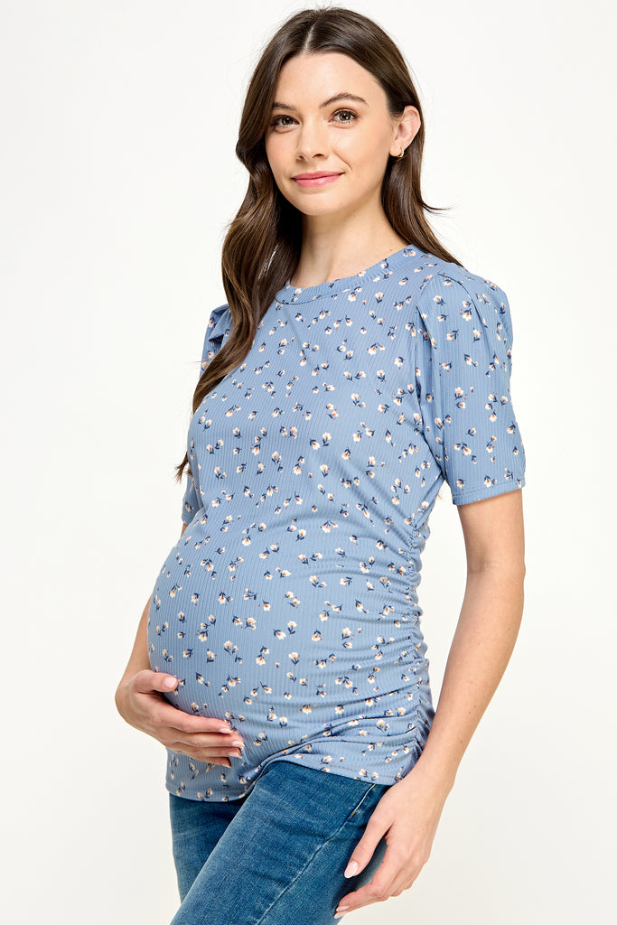 Denim Floral Puff Sleeve Ribbed Maternity Ruching Top