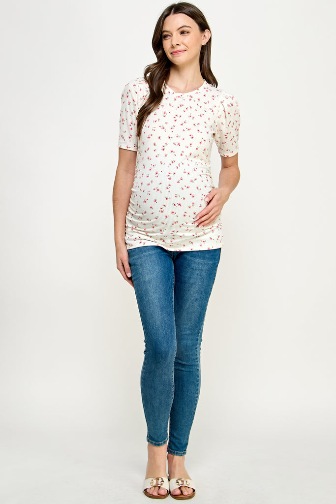 Ivory Floral Puff Sleeve Ribbed Maternity Ruching Top