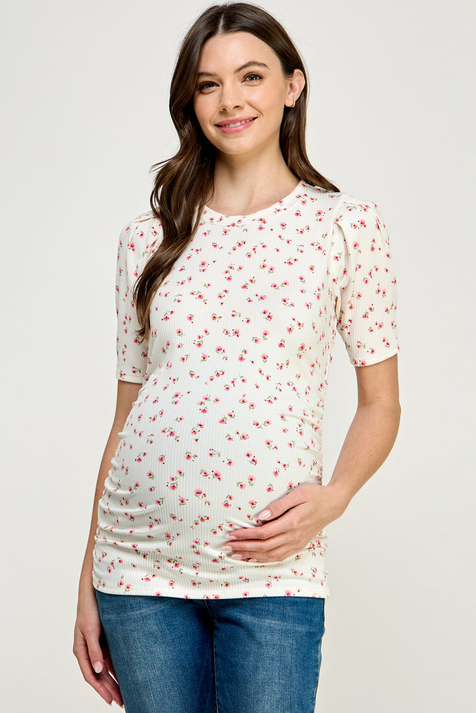 Ivory Floral Puff Sleeve Ribbed Maternity Ruching Top