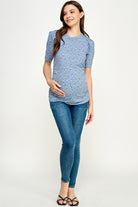 Denim Floral Puff Sleeve Ribbed Maternity Ruching Top