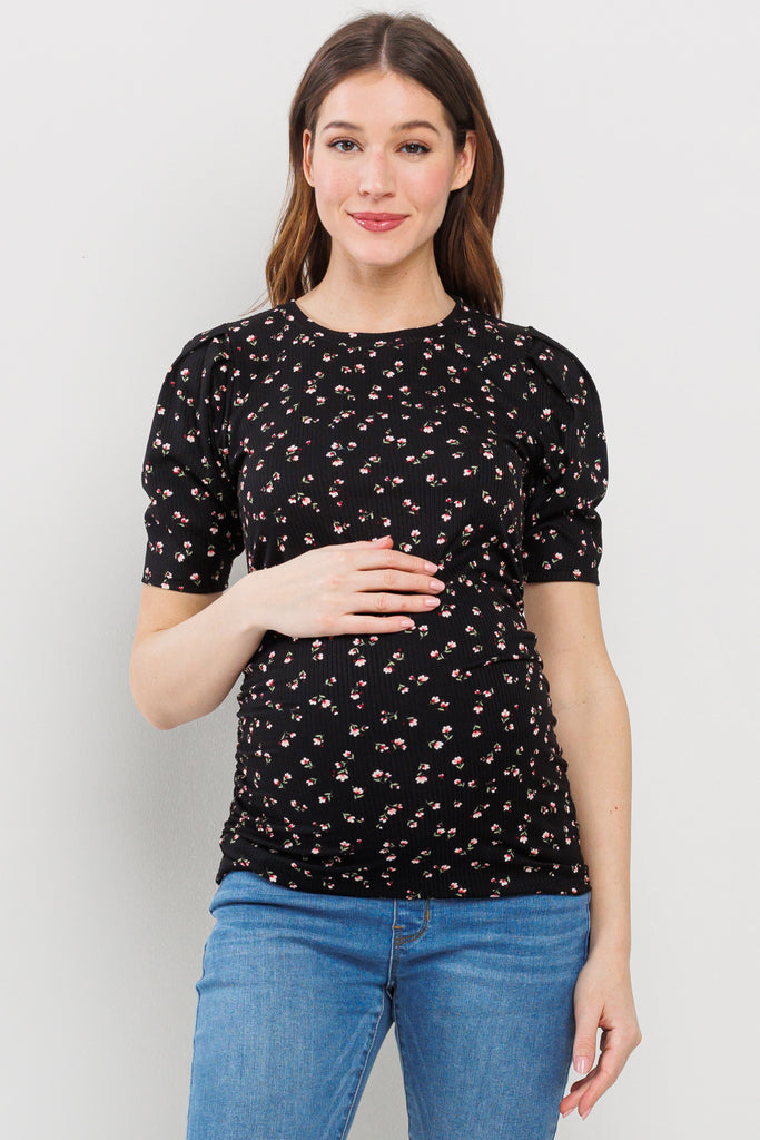 Black Floral Puff Sleeve Ribbed Maternity Ruching Top
