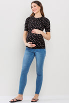 Black Floral Puff Sleeve Ribbed Maternity Ruching Top
