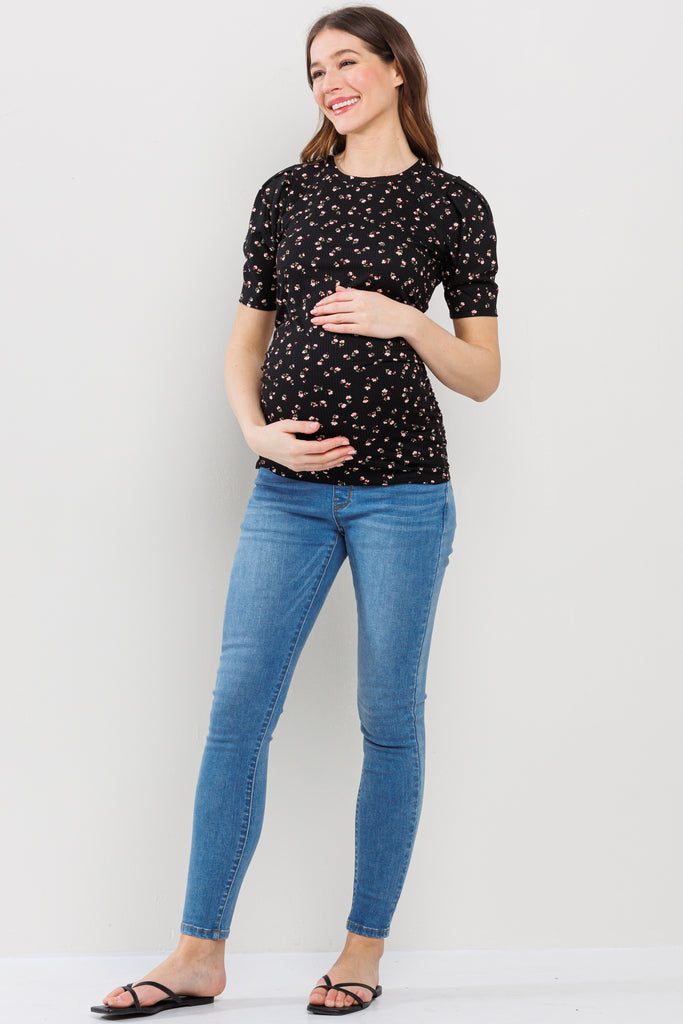 Black Floral Puff Sleeve Ribbed Maternity Ruching Top