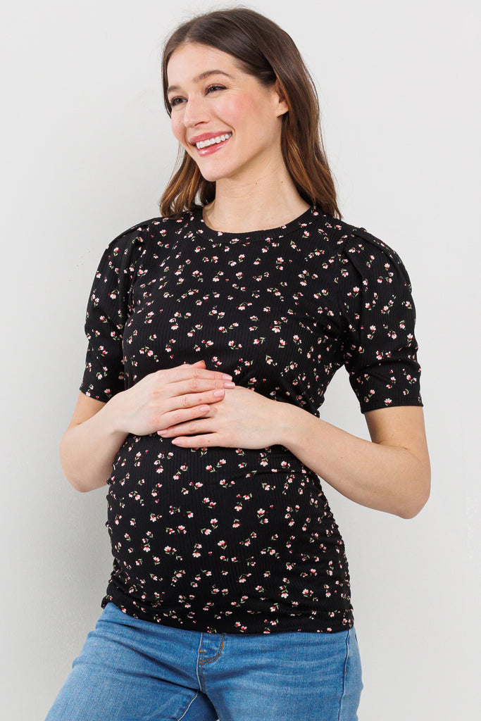 Black Floral Puff Sleeve Ribbed Maternity Ruching Top