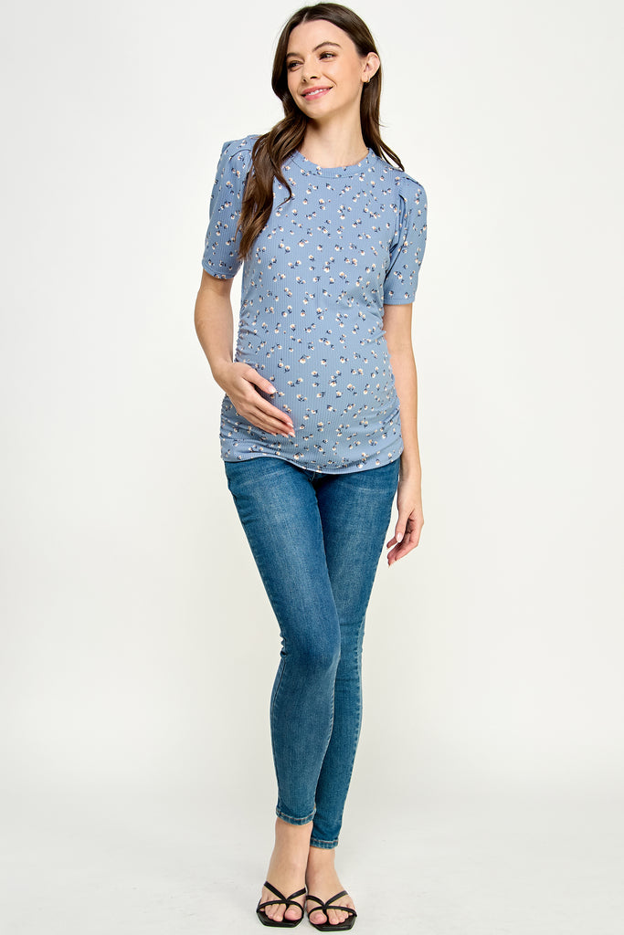 Denim Floral Puff Sleeve Ribbed Maternity Ruching Top