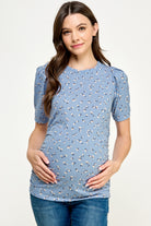 Denim Floral Puff Sleeve Ribbed Maternity Ruching Top