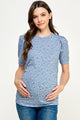 Denim Floral Puff Sleeve Ribbed Maternity Ruching Top