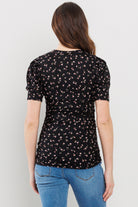 Black Floral Puff Sleeve Ribbed Maternity Ruching Top