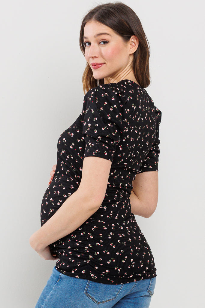 Black Floral Puff Sleeve Ribbed Maternity Ruching Top