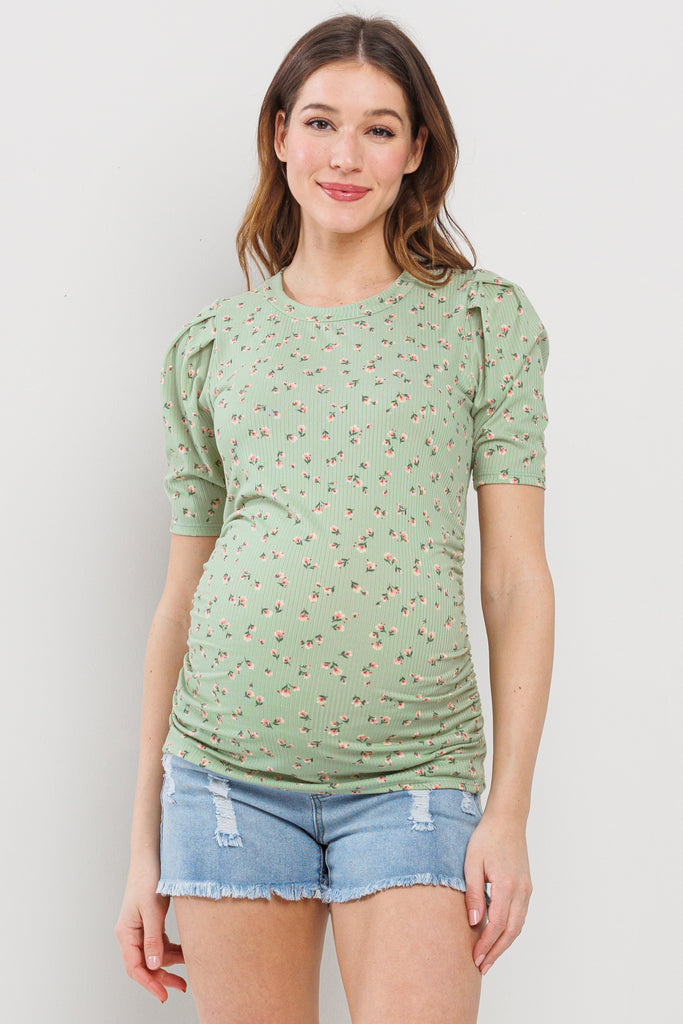 Sage Floral Puff Sleeve Ribbed Maternity Ruching Top