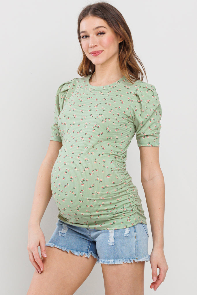 Sage Floral Puff Sleeve Ribbed Maternity Ruching Top