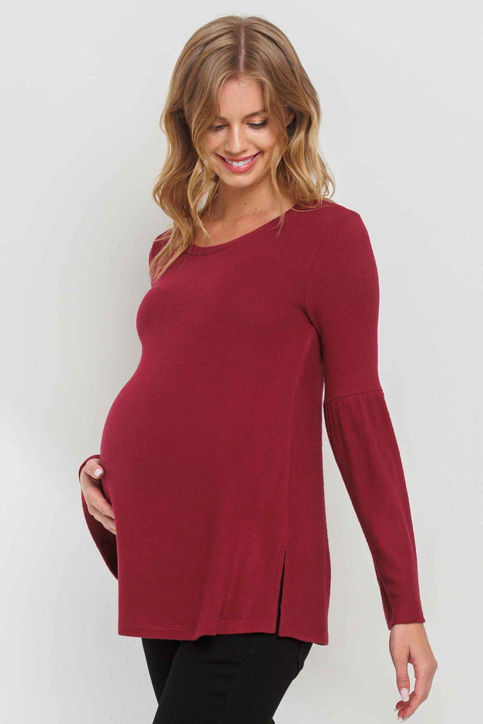 Burgundy Round Neck Bell Sleeve Maternity Top