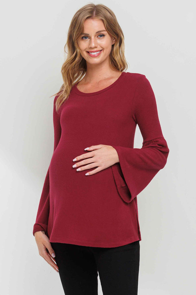 Burgundy Round Neck Bell Sleeve Maternity Top