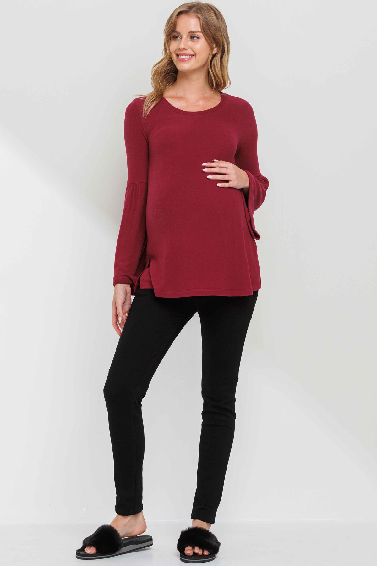 Burgundy Round Neck Bell Sleeve Maternity Top