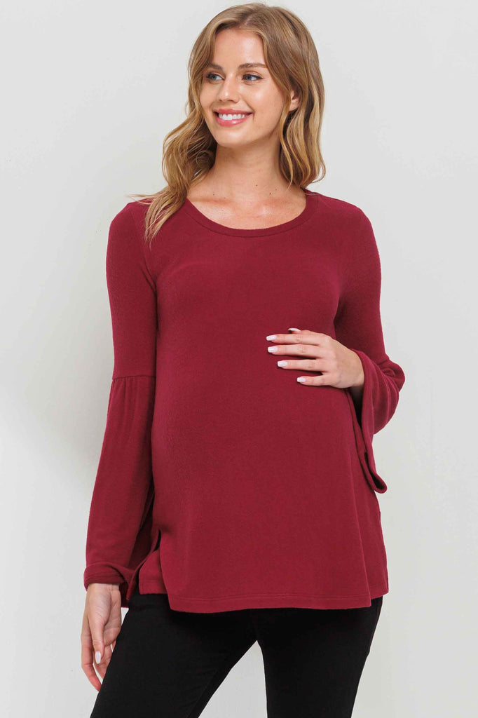 Burgundy Round Neck Bell Sleeve Maternity Top