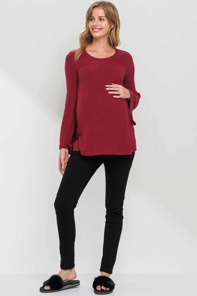 Burgundy Round Neck Bell Sleeve Maternity Top