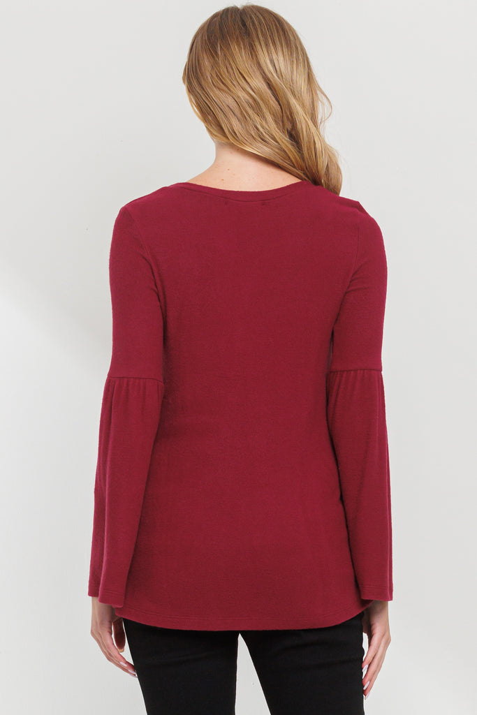 Burgundy Round Neck Bell Sleeve Maternity Top