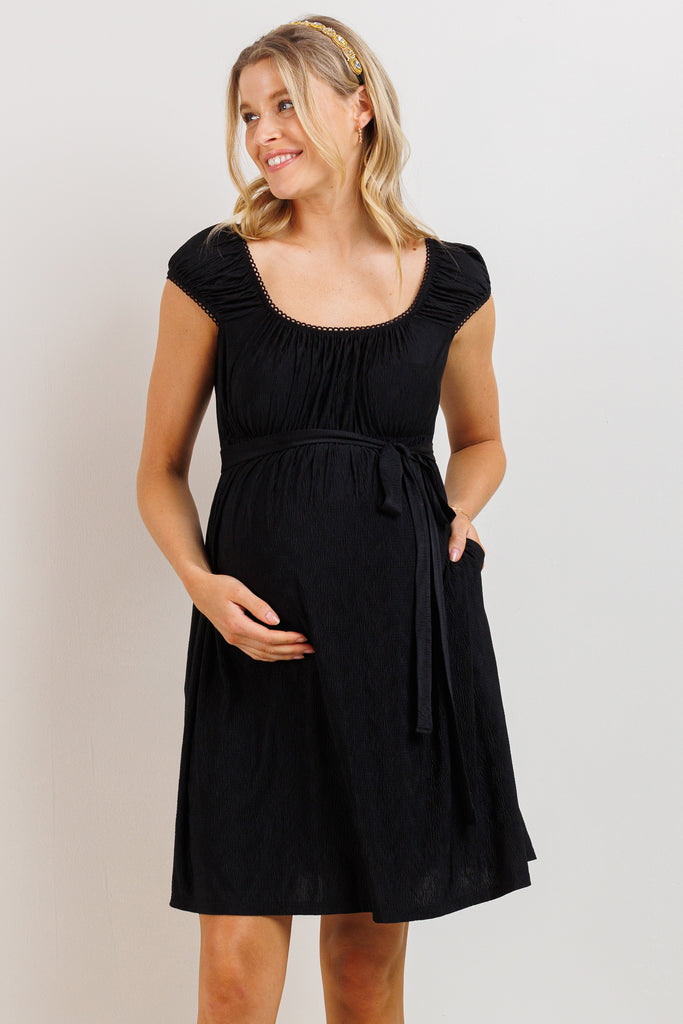 Black Cap Sleeve Textured Babydoll Maternity Dress