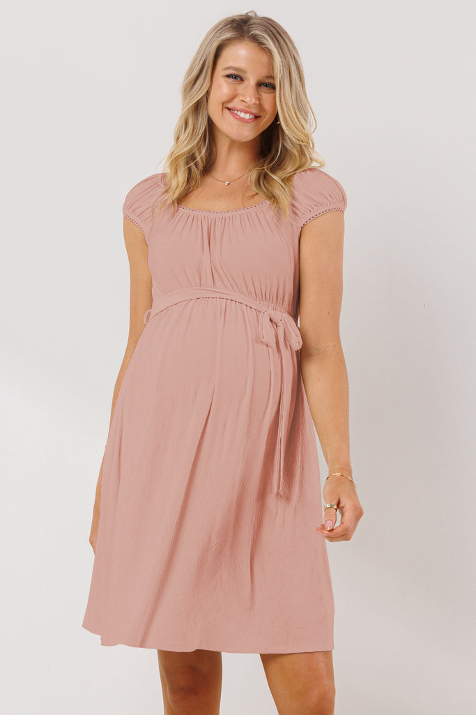 Pink Cap Sleeve Textured Babydoll Maternity Dress