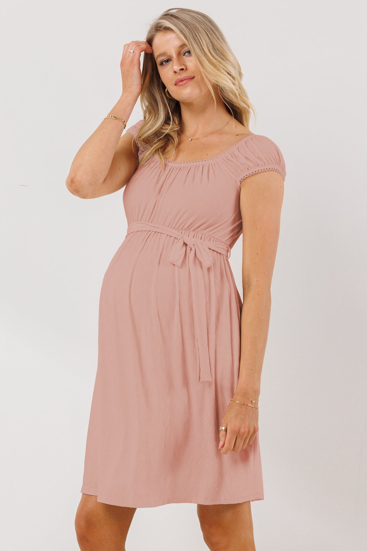 Pink Cap Sleeve Textured Babydoll Maternity Dress
