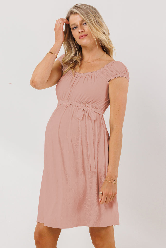 Pink Cap Sleeve Textured Babydoll Maternity Dress