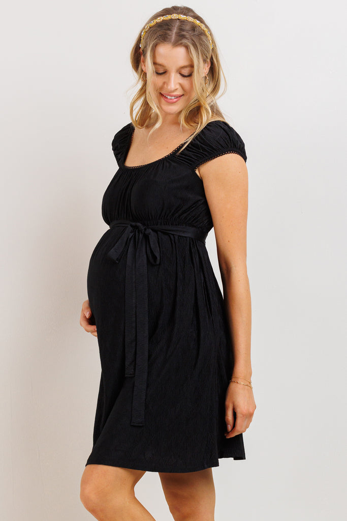 Black Cap Sleeve Textured Babydoll Maternity Dress