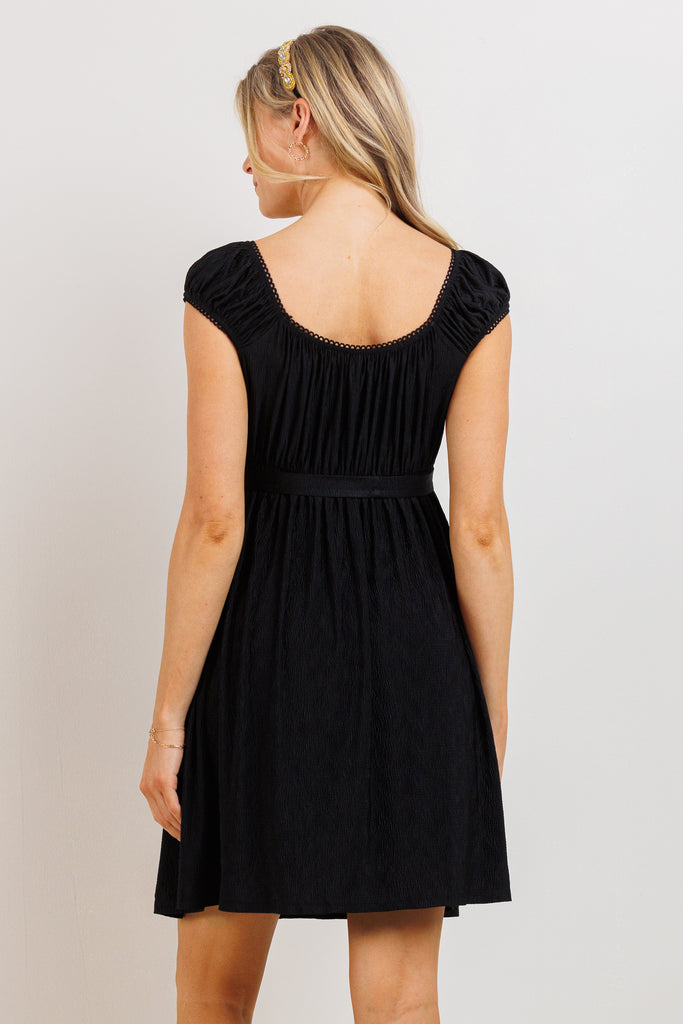 Black Cap Sleeve Textured Babydoll Maternity Dress