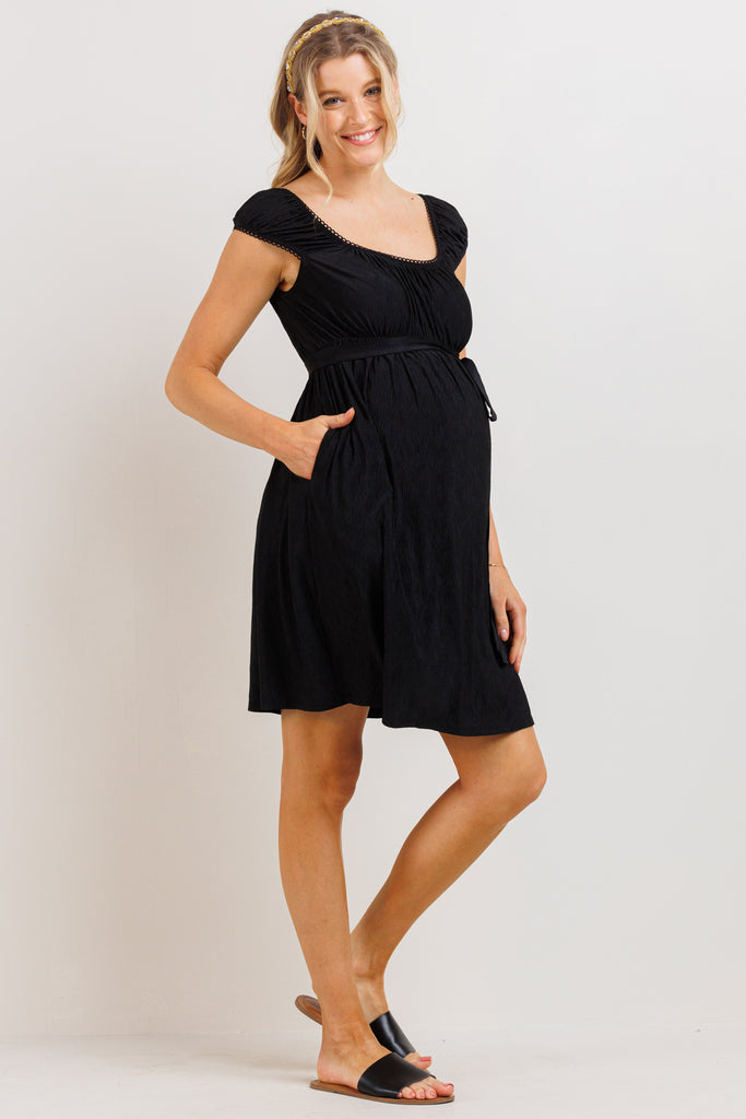 Black Cap Sleeve Textured Babydoll Maternity Dress
