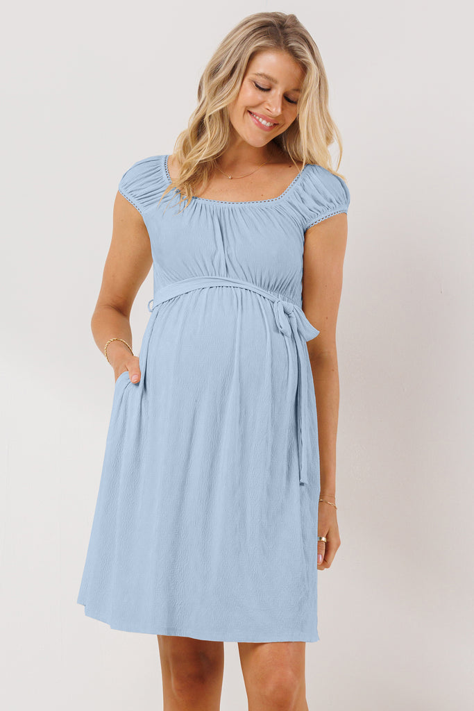 Chambray Cap Sleeve Textured Babydoll Maternity Dress