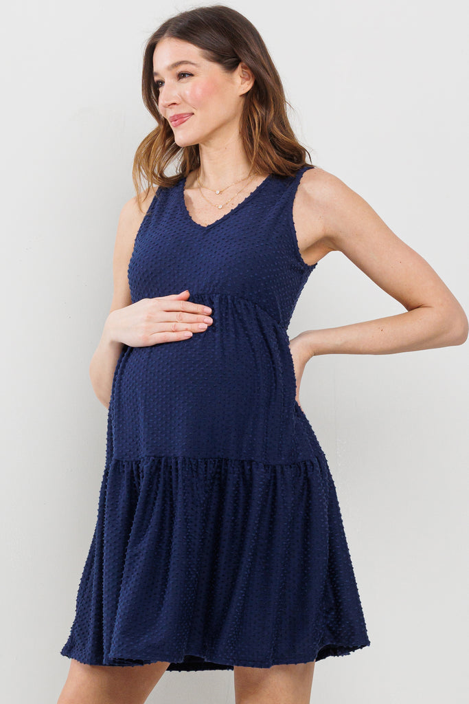 Navy Textured Polka Dot Maternity Mini Dress Side View
