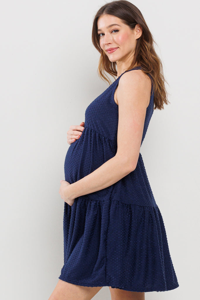 Navy Textured Polka Dot Maternity Mini Dress Side View