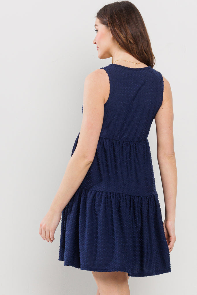 Navy Textured Polka Dot Maternity Mini Dress Back View