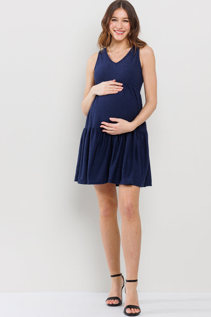 Navy Textured Polka Dot Maternity Mini Dress Full Body
