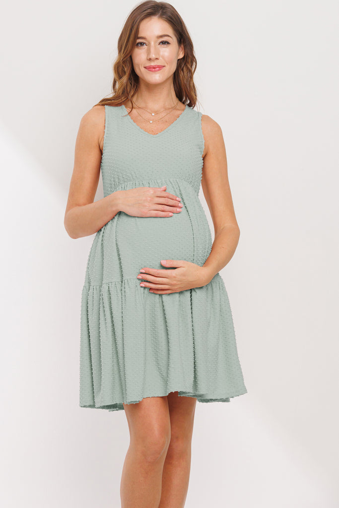 Sage Textured Polka Dot Maternity Mini Dress Front View