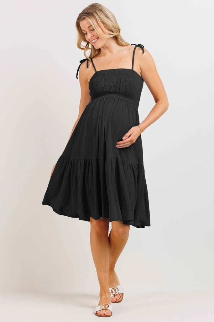 Black Smocking Tube Maternity Flare Dress