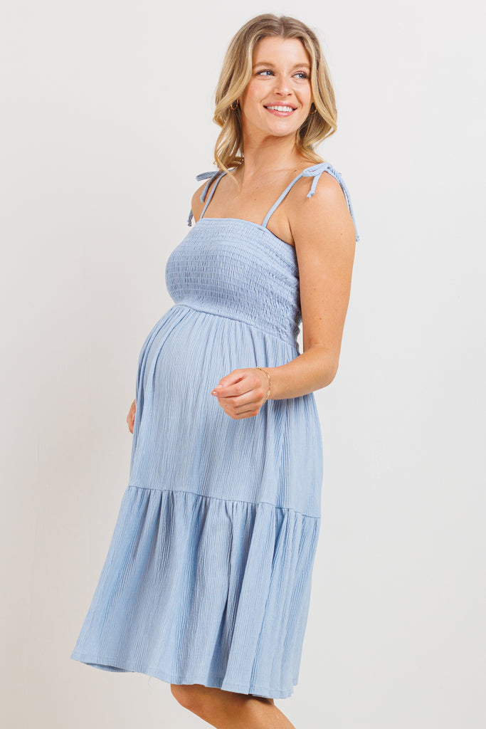 Chambray Smocking Tube Maternity Flare Dress